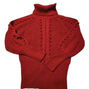 White House Black Market Red Cable Knit Bobble Turtleneck Sweater Size S